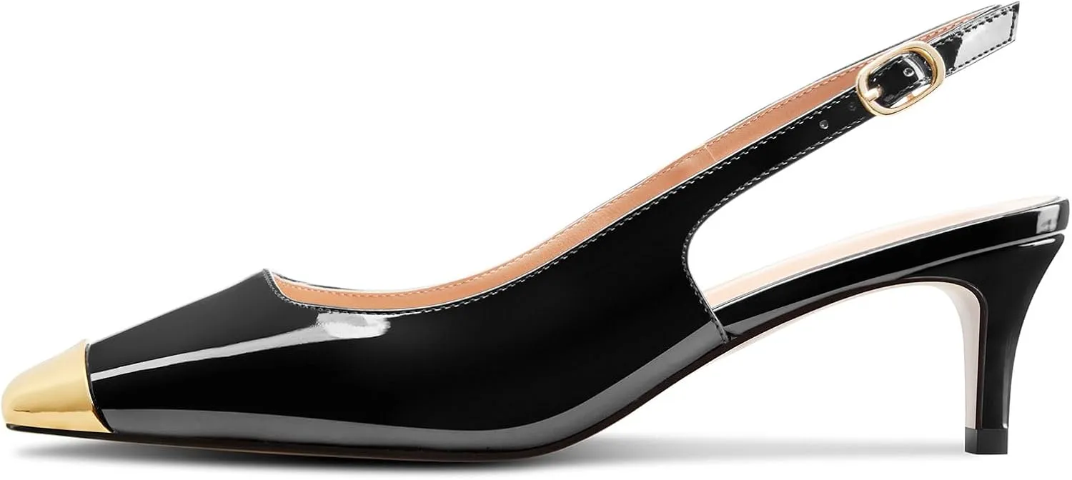 DearOnly Womens Mid Heel Close Round Cap Toe Slingback Pumps Cute Buckle Casual Patent Leather Shoes 2.0 Inches Heels