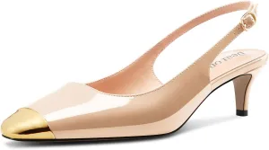 DearOnly Womens Mid Heel Close Round Cap Toe Slingback Pumps Cute Buckle Casual Patent Leather Shoes 2.0 Inches Heels