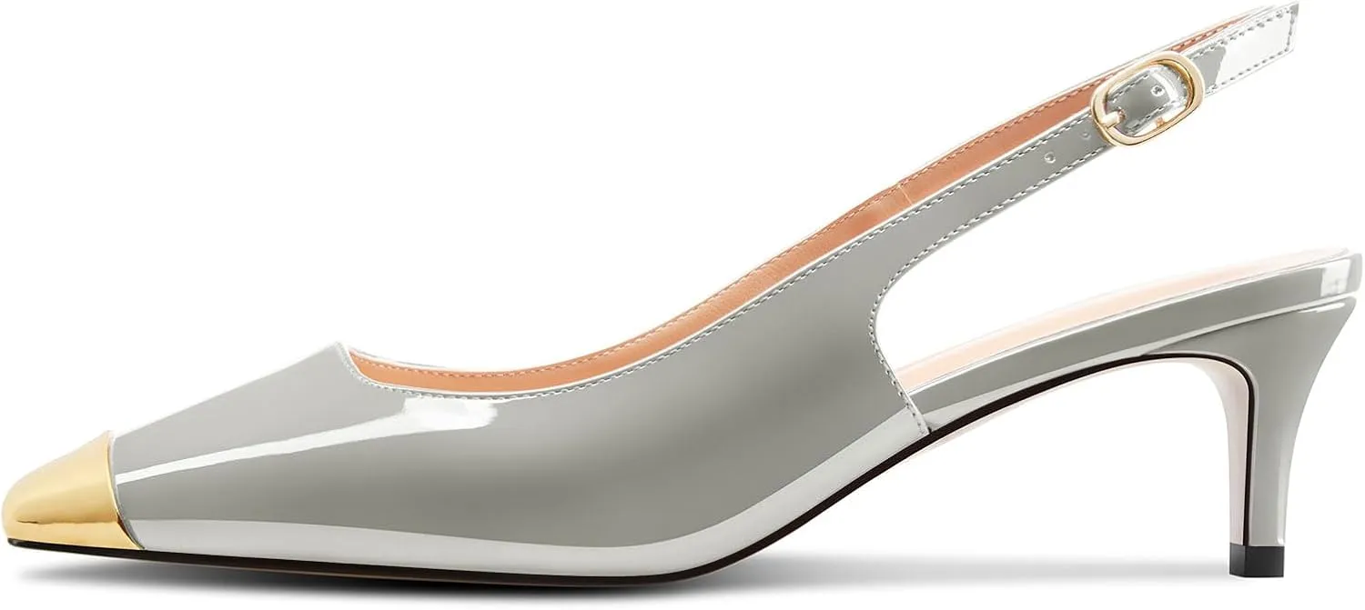 DearOnly Womens Mid Heel Close Round Cap Toe Slingback Pumps Cute Buckle Casual Patent Leather Shoes 2.0 Inches Heels