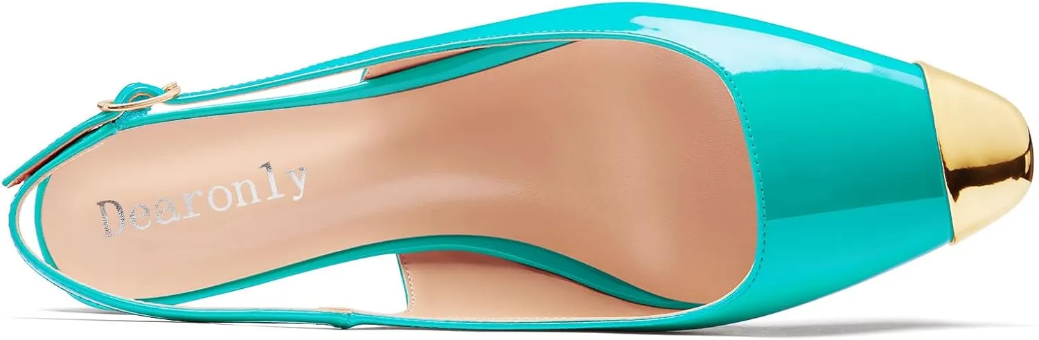 DearOnly Womens Mid Heel Close Round Cap Toe Slingback Pumps Cute Buckle Casual Patent Leather Shoes 2.0 Inches Heels