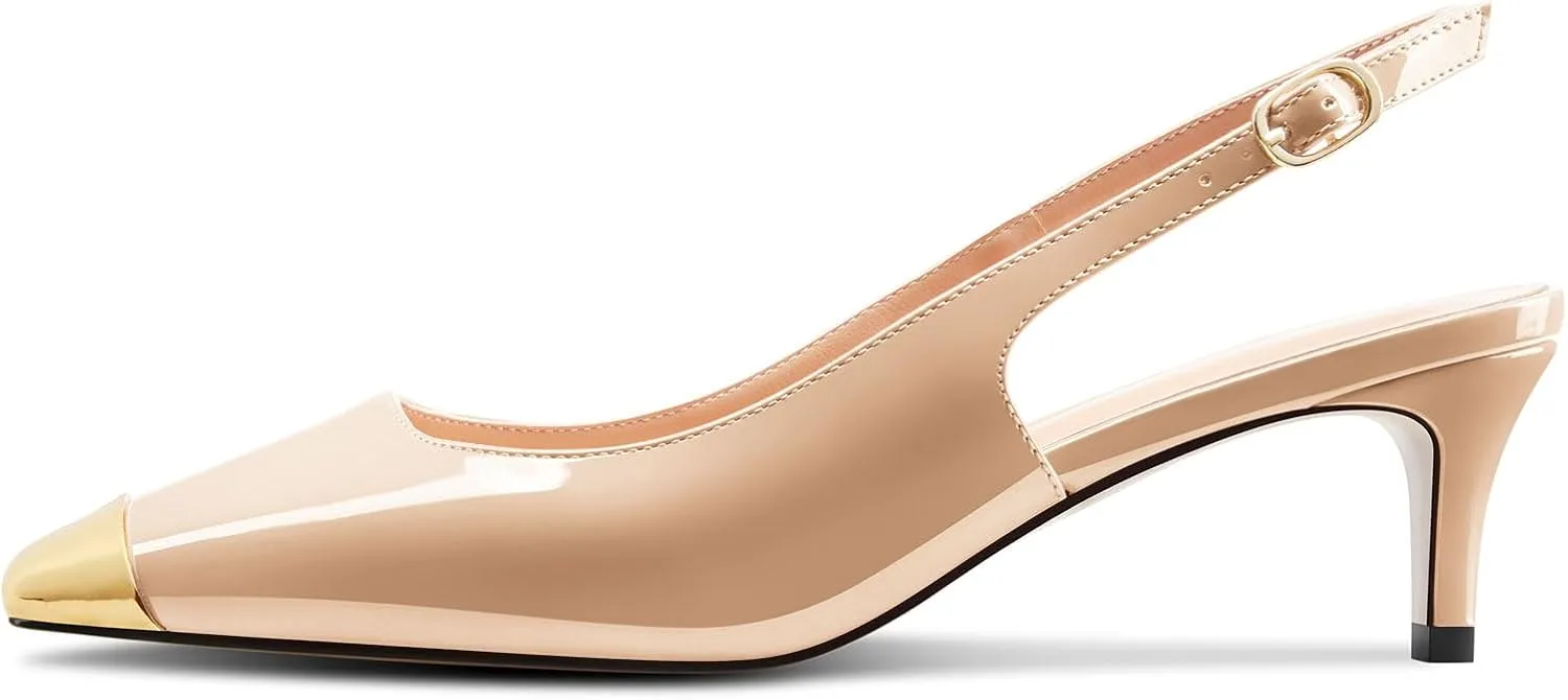 DearOnly Womens Mid Heel Close Round Cap Toe Slingback Pumps Cute Buckle Casual Patent Leather Shoes 2.0 Inches Heels