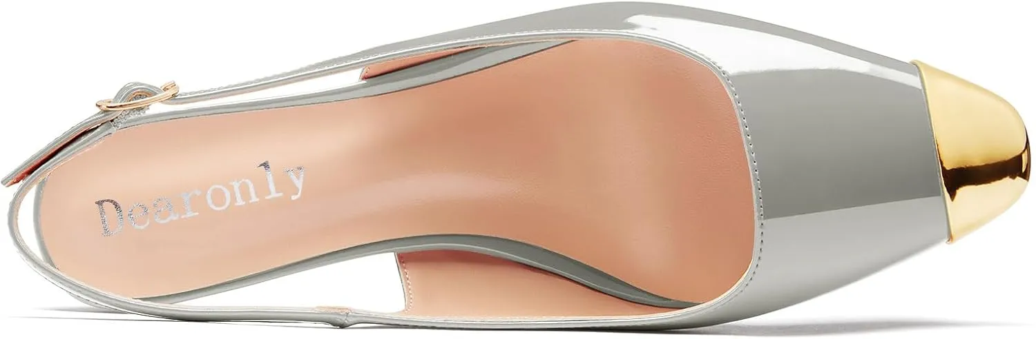 DearOnly Womens Mid Heel Close Round Cap Toe Slingback Pumps Cute Buckle Casual Patent Leather Shoes 2.0 Inches Heels