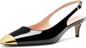 DearOnly Womens Mid Heel Close Round Cap Toe Slingback Pumps Cute Buckle Casual Patent Leather Shoes 2.0 Inches Heels