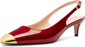 DearOnly Womens Mid Heel Close Round Cap Toe Slingback Pumps Cute Buckle Casual Patent Leather Shoes 2.0 Inches Heels