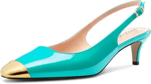 DearOnly Womens Mid Heel Close Round Cap Toe Slingback Pumps Cute Buckle Casual Patent Leather Shoes 2.0 Inches Heels