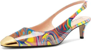DearOnly Womens Mid Heel Close Round Cap Toe Slingback Pumps Cute Buckle Casual Patent Leather Shoes 2.0 Inches Heels