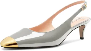 DearOnly Womens Mid Heel Close Round Cap Toe Slingback Pumps Cute Buckle Casual Patent Leather Shoes 2.0 Inches Heels