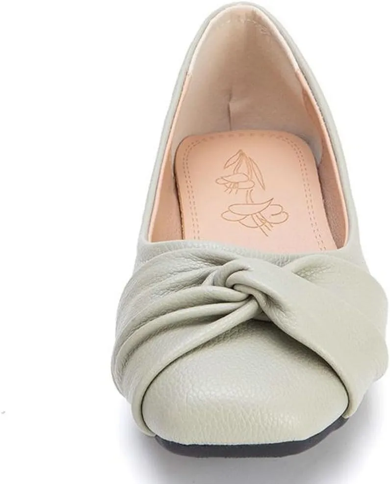 DINTAHA Womens Ballet Flat with Bow,Womens Square Toe Flats,Casual Slip On Work Flat Ballerina Shoes