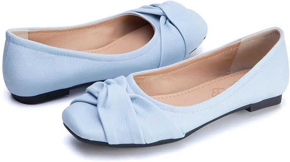 DINTAHA Womens Ballet Flat with Bow,Womens Square Toe Flats,Casual Slip On Work Flat Ballerina Shoes