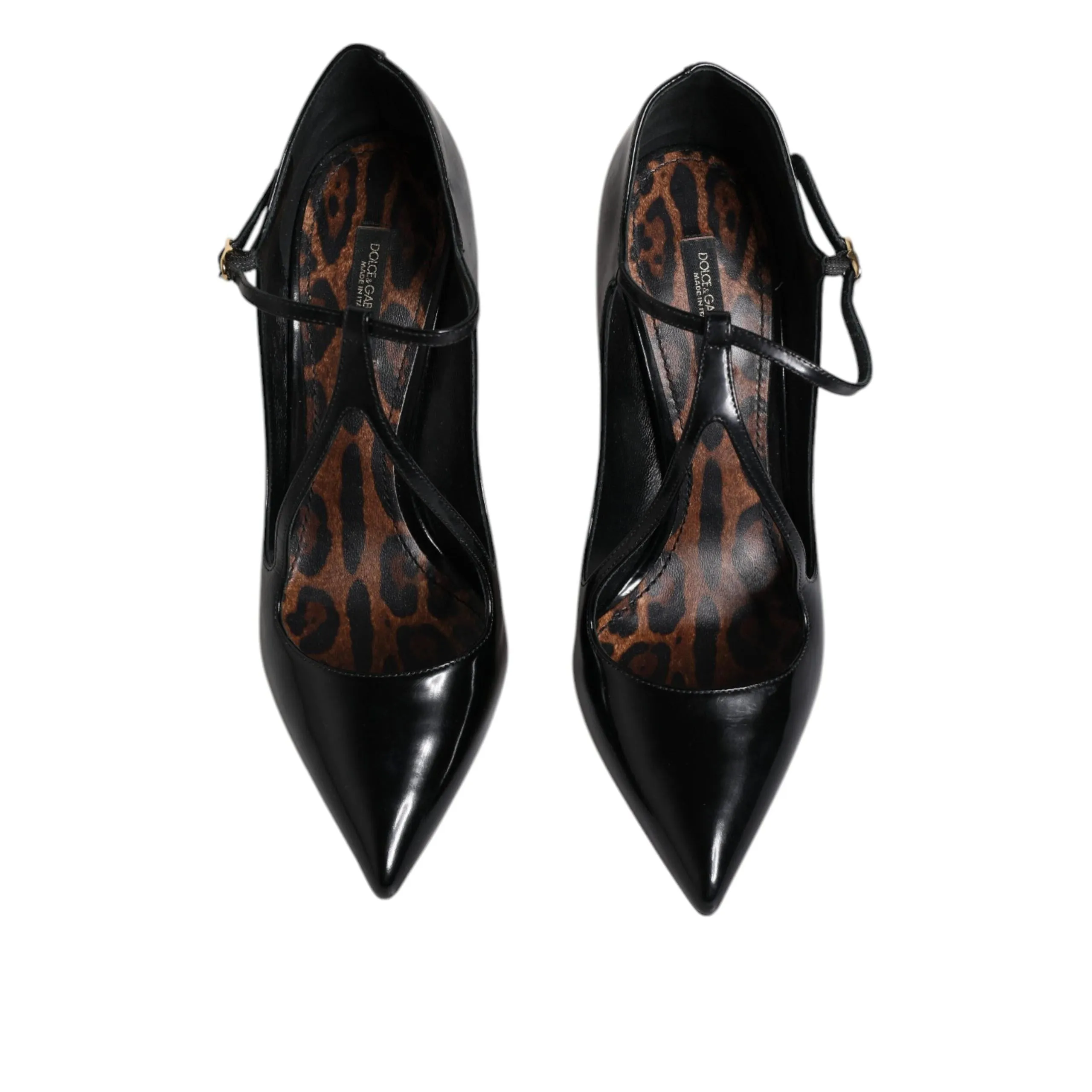 Dolce & Gabbana Black Leather T-strap Stiletto Heels Shoes
