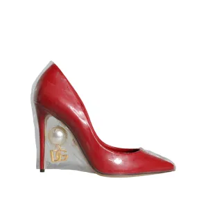 Dolce & Gabbana Red Patent Leather Faux Pearl Heels Pumps Shoes
