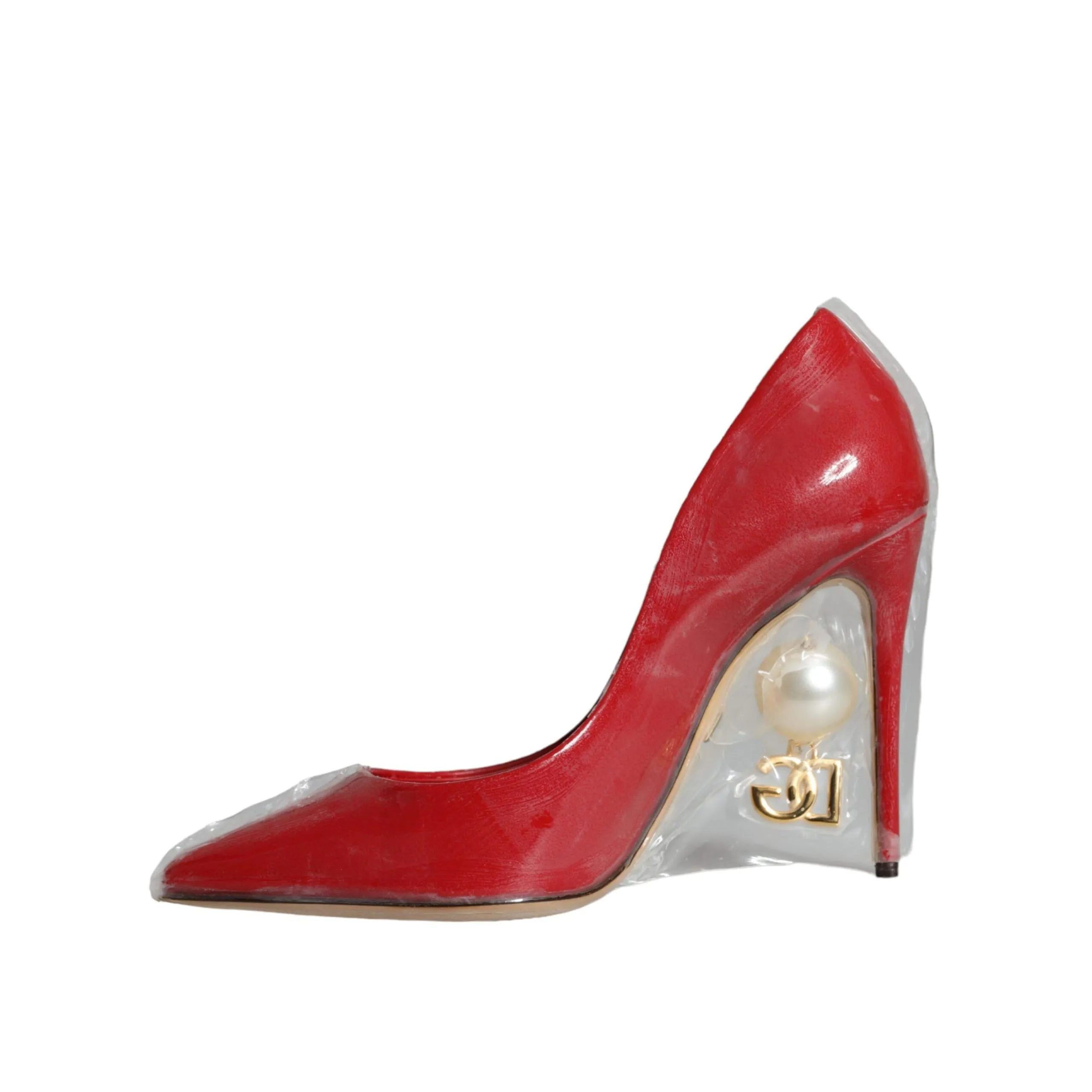 Dolce & Gabbana Red Patent Leather Faux Pearl Heels Pumps Shoes