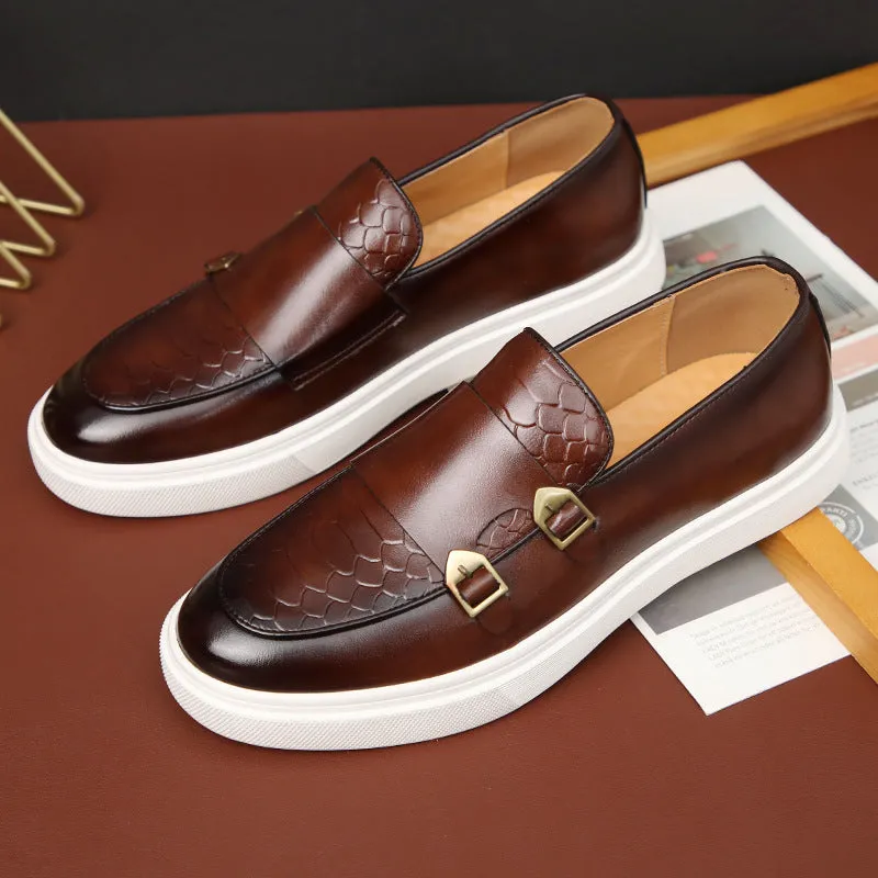 Double Buckle Casual Men's Shoes Black Men's Leather Shoes One-pedal Shoes Men's Platform Height-increasing Shoes