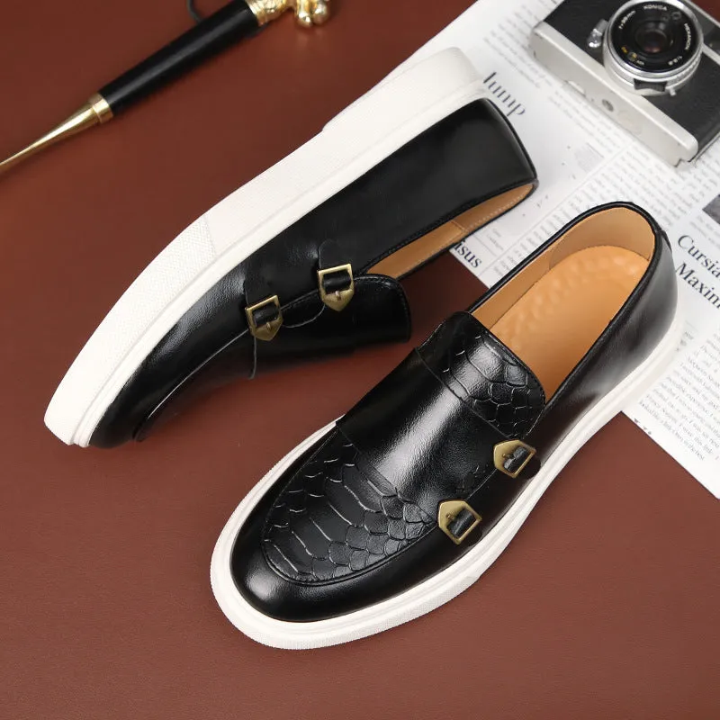 Double Buckle Casual Men's Shoes Black Men's Leather Shoes One-pedal Shoes Men's Platform Height-increasing Shoes