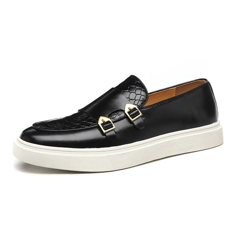 Double Buckle Casual Men's Shoes Black Men's Leather Shoes One-pedal Shoes Men's Platform Height-increasing Shoes