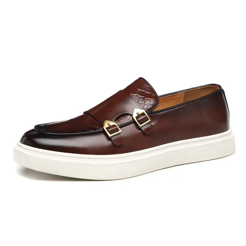 Double Buckle Casual Men's Shoes Black Men's Leather Shoes One-pedal Shoes Men's Platform Height-increasing Shoes