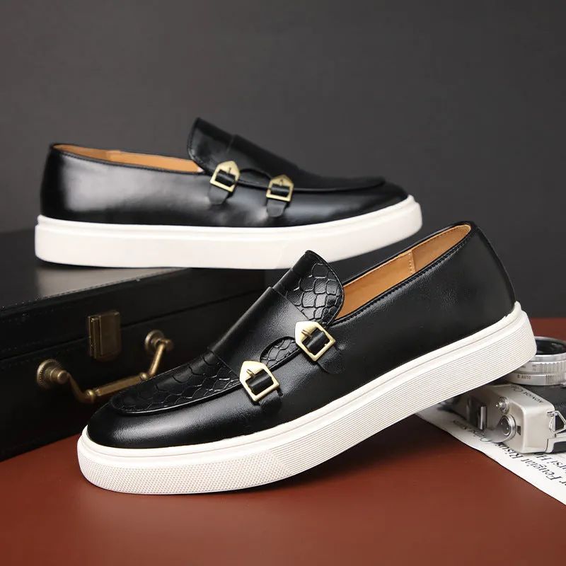 Double Buckle Casual Men's Shoes Black Men's Leather Shoes One-pedal Shoes Men's Platform Height-increasing Shoes