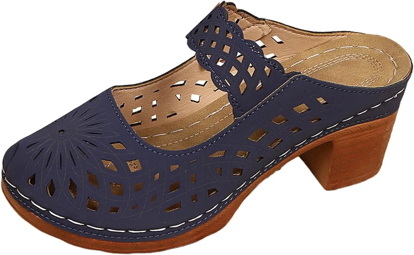 Dressy Summer Heel Fashionable And Versatile Women's Slippers Thick Mid Heel Soft Sole Hollow Closed Toe Casual Sandals