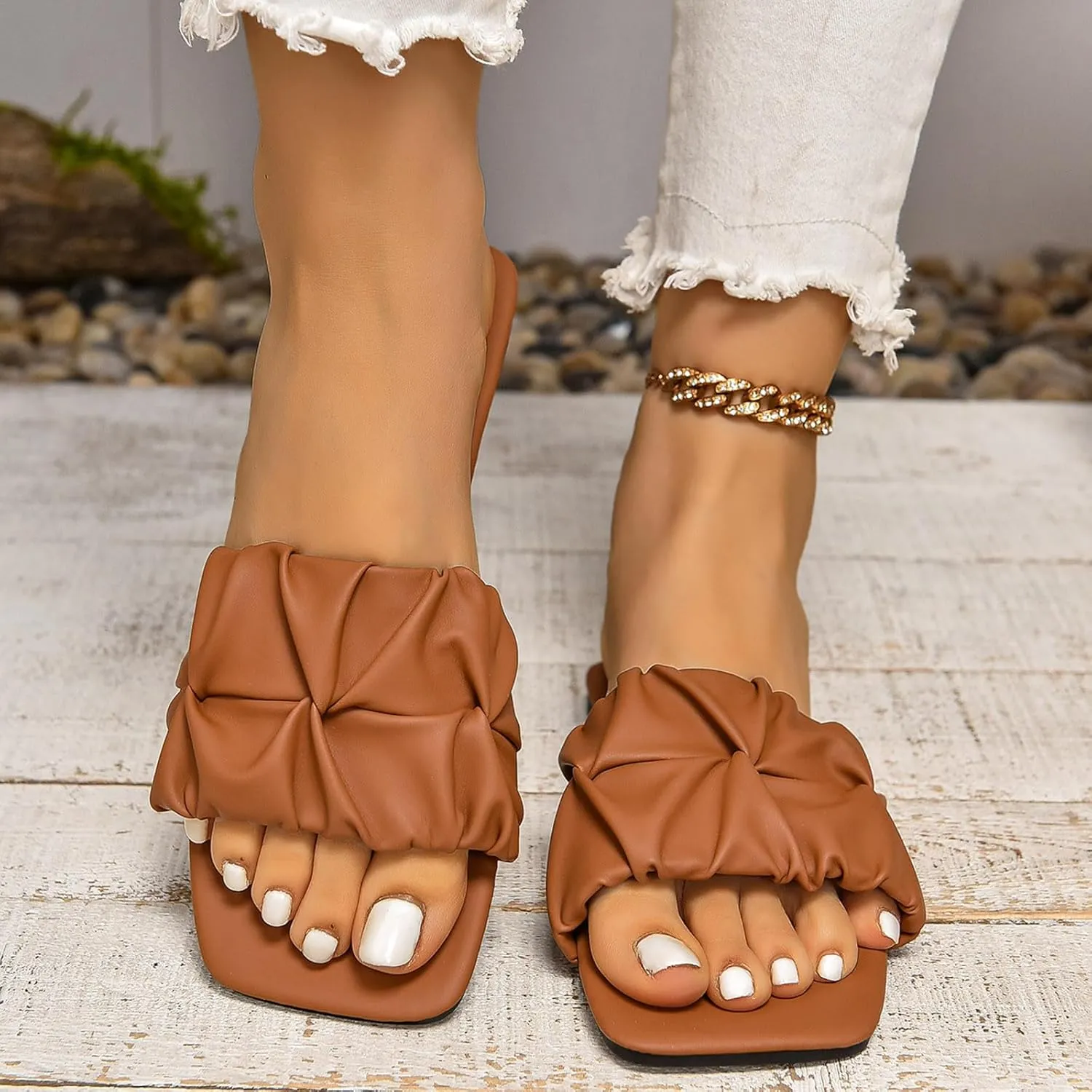Elegant Sandals for Women Simple Solid Color Flat Bottom Sandals Versatile Square Toe Banquet Saltwater Women 8