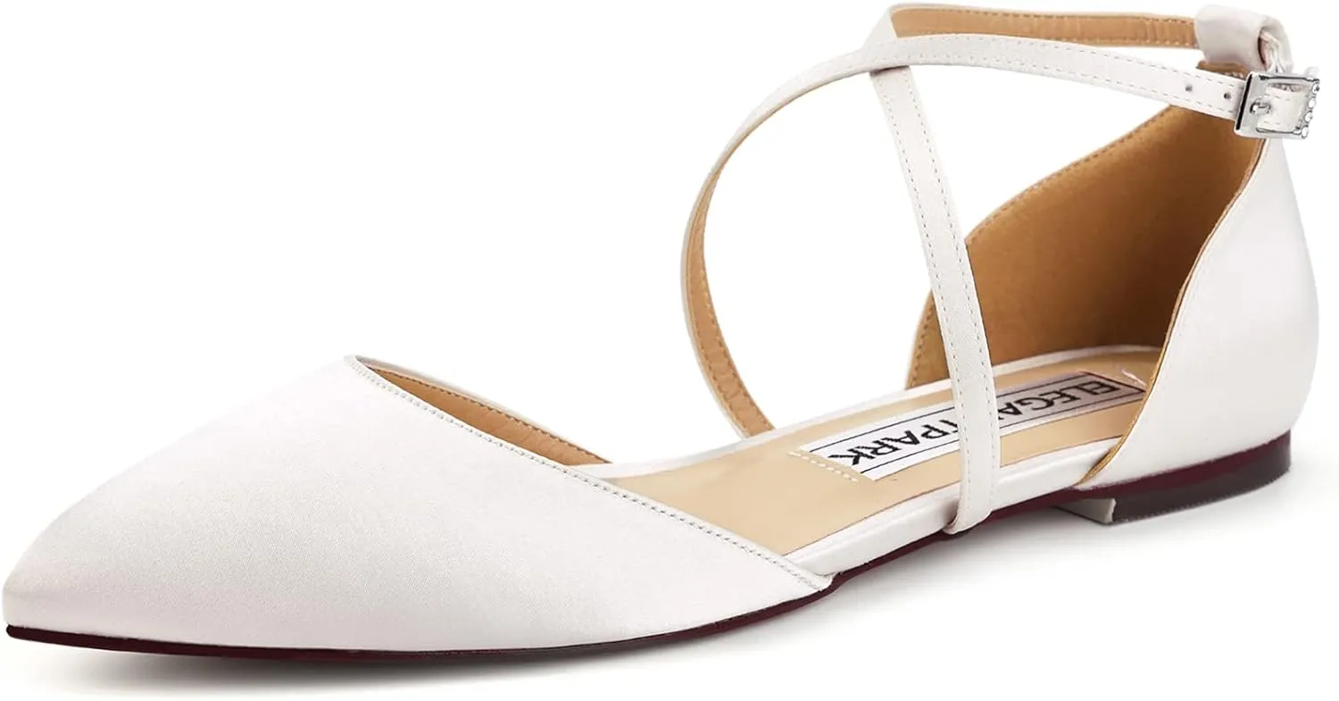 ELEGANTPARK FC2322 Comfortable Wedding Flats Pointed Toe Flats for Women Ankle Straps Satin Shoes for Women Dressy Low Heel Ivory US 11