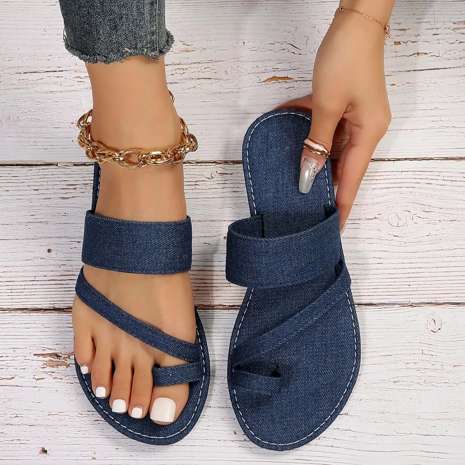 Fashion Open Toe Slip On Women'S Beach Slippers Hollow Casual Denim Half Empty Slippers Flat Sandals