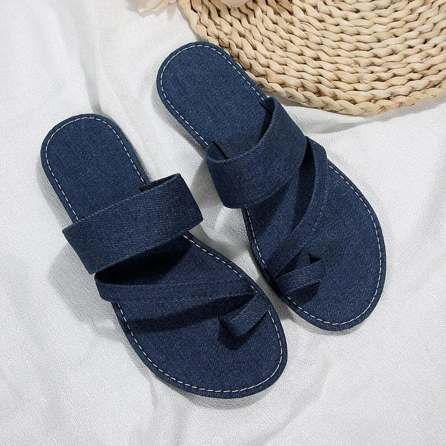 Fashion Open Toe Slip On Women'S Beach Slippers Hollow Casual Denim Half Empty Slippers Flat Sandals