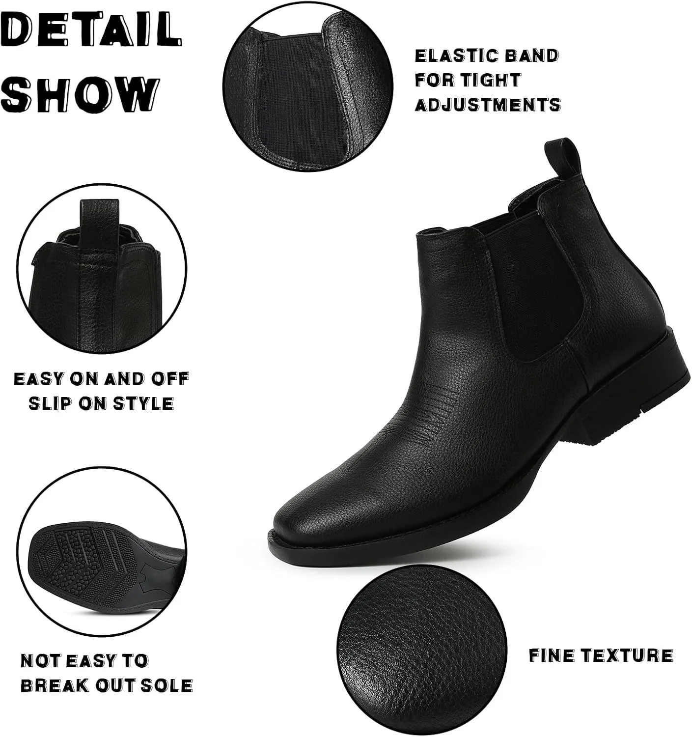 femflame Cowboy Boots for Men Square Toe Chelsea Boots Waterproof Classic Elastic Slip on Chukka Ankle Boots Casual
