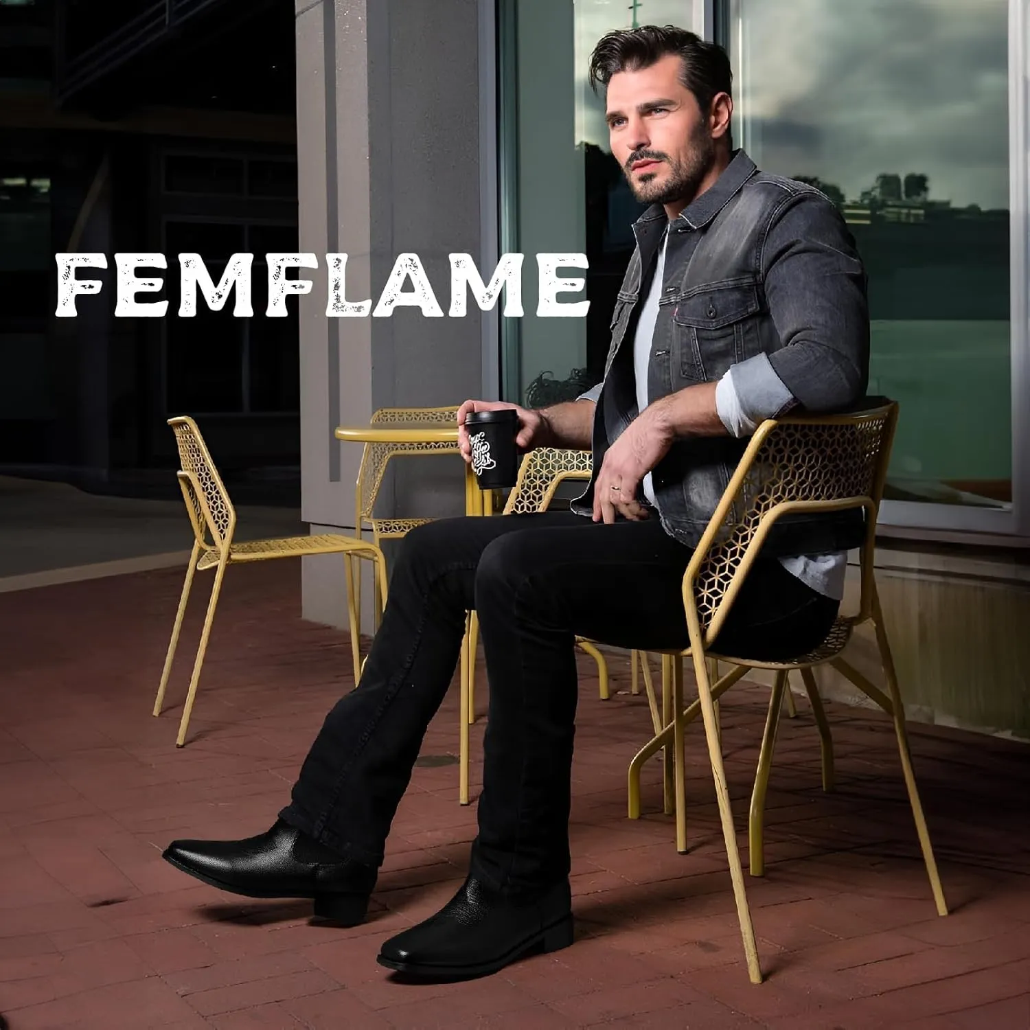 femflame Cowboy Boots for Men Square Toe Chelsea Boots Waterproof Classic Elastic Slip on Chukka Ankle Boots Casual