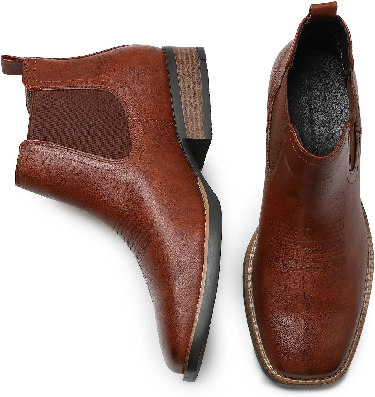 femflame Cowboy Boots for Men Square Toe Chelsea Boots Waterproof Classic Elastic Slip on Chukka Ankle Boots Casual