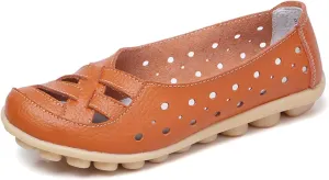 Flat Loafer for Women Comfortable Leather Loafers Ballet Flats Shoes Casual Wide Width Round Toe Slip on Flats with Breathable Eyelets