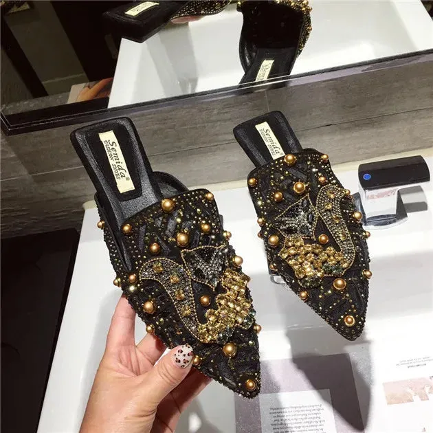 Flat Pointed Toe Metal Details Mule Shoes