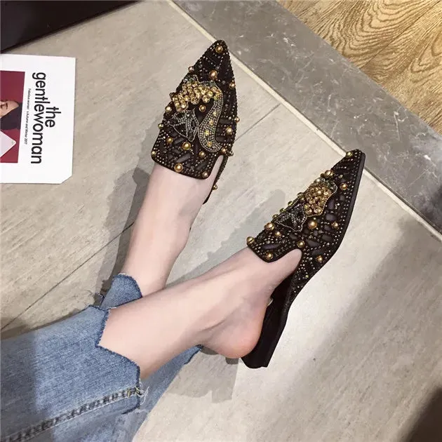 Flat Pointed Toe Metal Details Mule Shoes