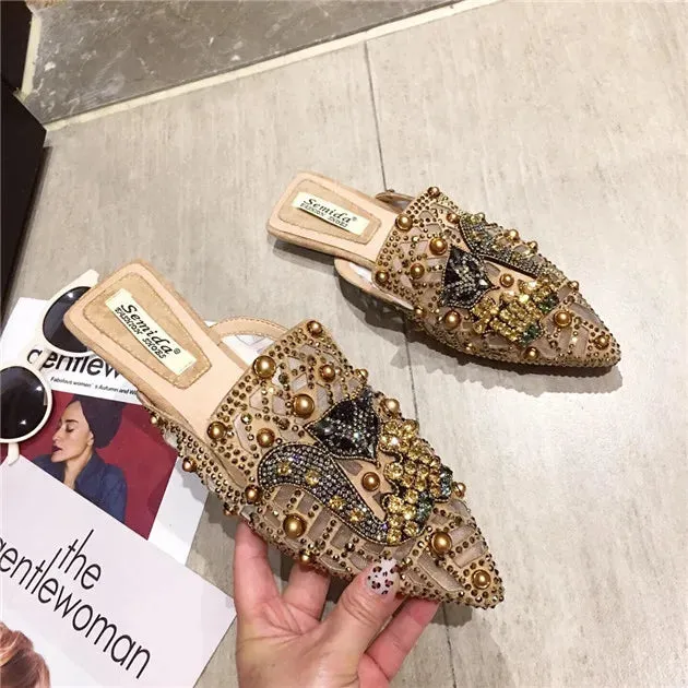 Flat Pointed Toe Metal Details Mule Shoes