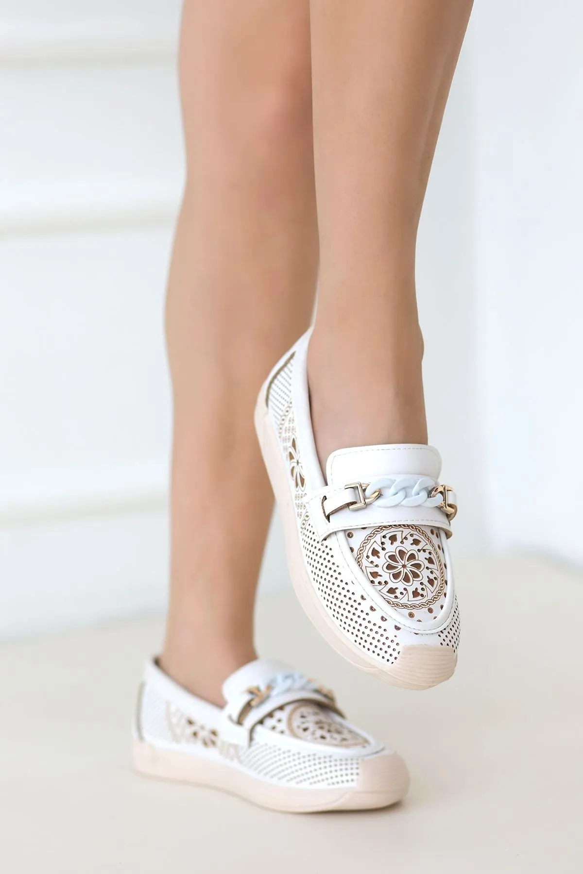 Flat Sole Buckled Ballerinas White