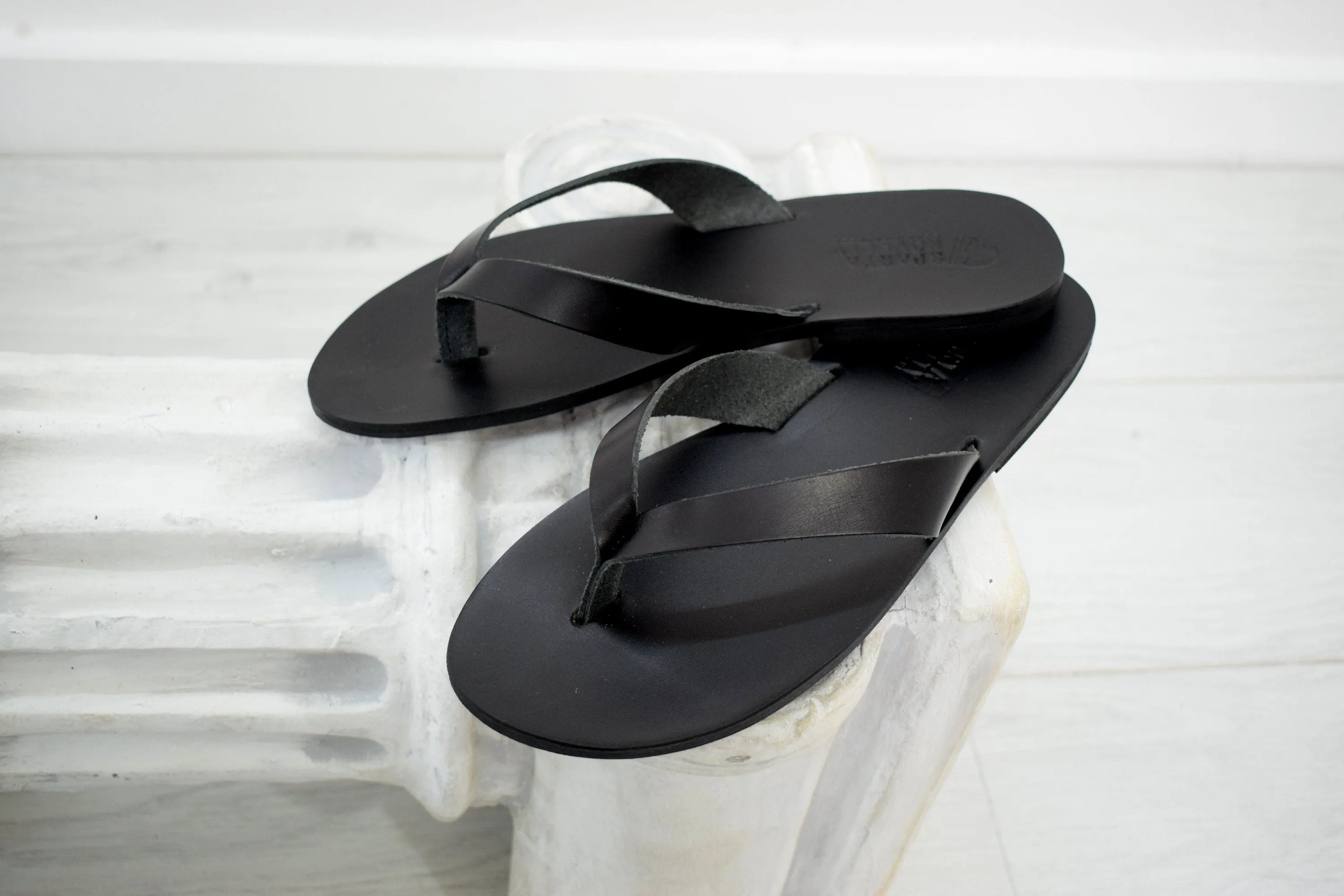 Flip flop Greek Leather sandals - slipers Men, Thongs Black Color, leather sole - insole