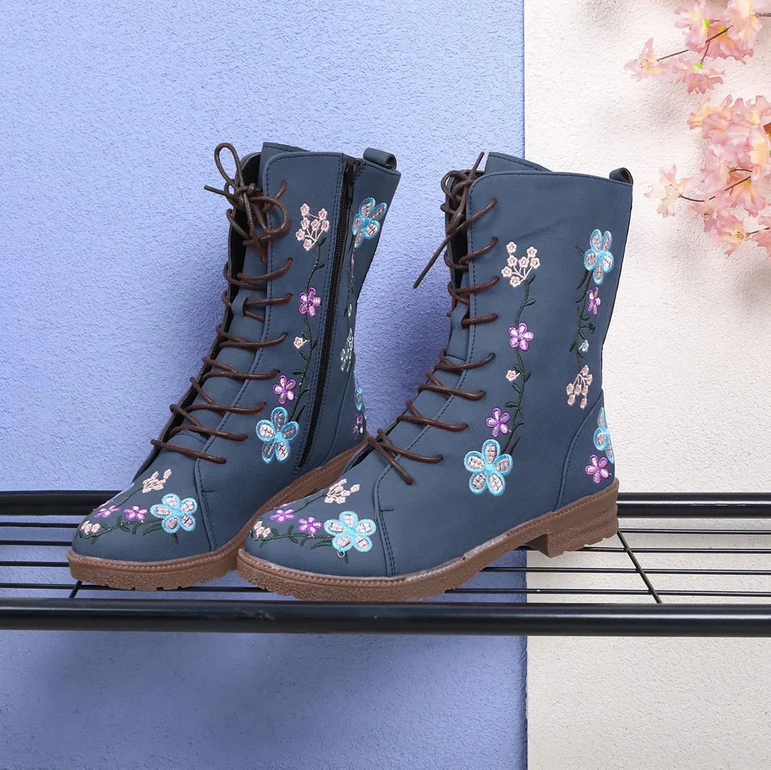 Floral Combat Boots Women 2024 Boho Ankle Boots Mid Calf Lace Up Boots Vintage Round Toe Dress Boots Long Ankle Boots