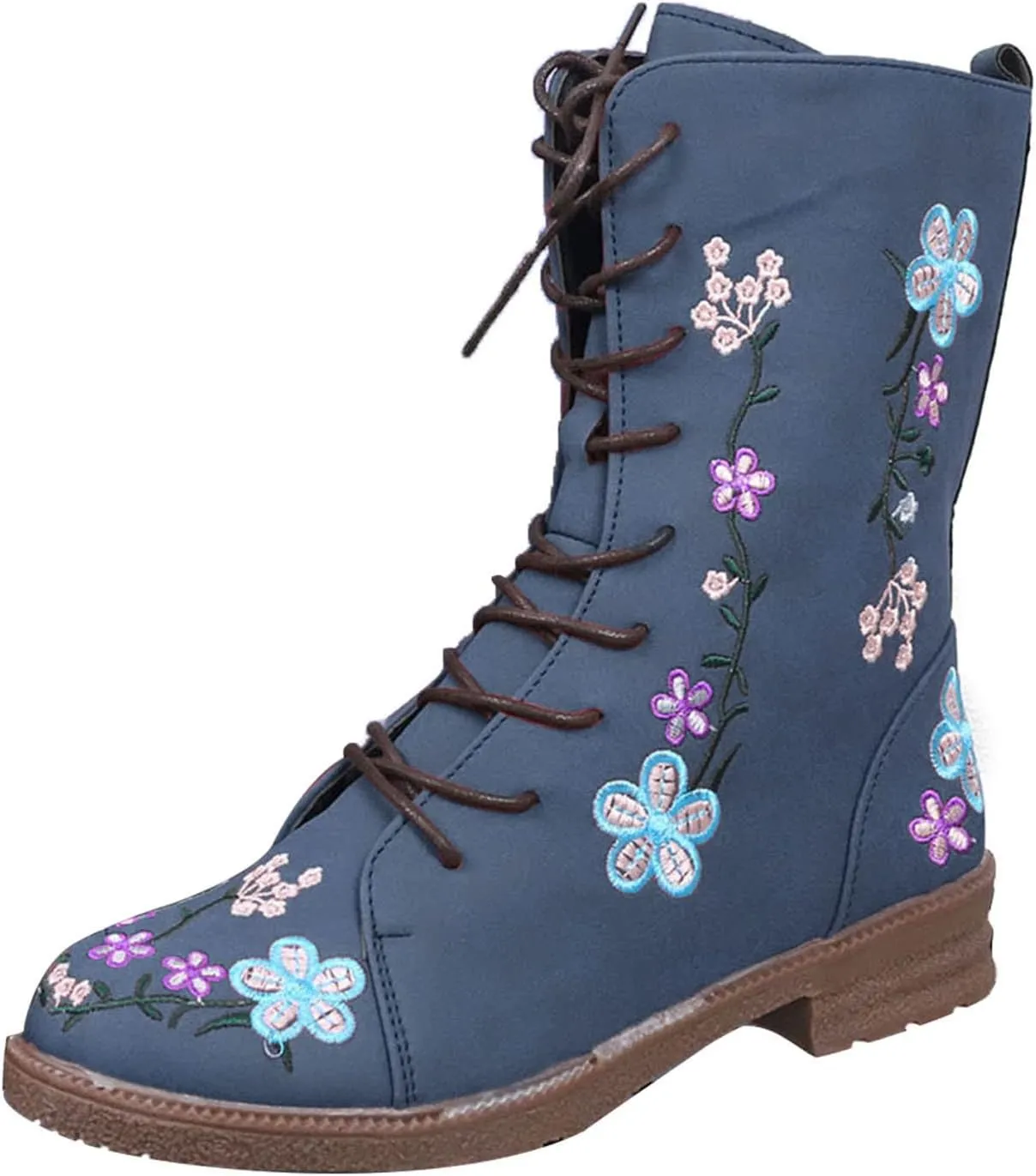 Floral Combat Boots Women 2024 Boho Ankle Boots Mid Calf Lace Up Boots Vintage Round Toe Dress Boots Long Ankle Boots