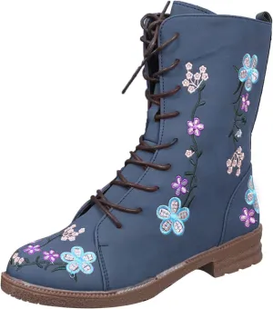 Floral Combat Boots Women 2024 Boho Ankle Boots Mid Calf Lace Up Boots Vintage Round Toe Dress Boots Long Ankle Boots