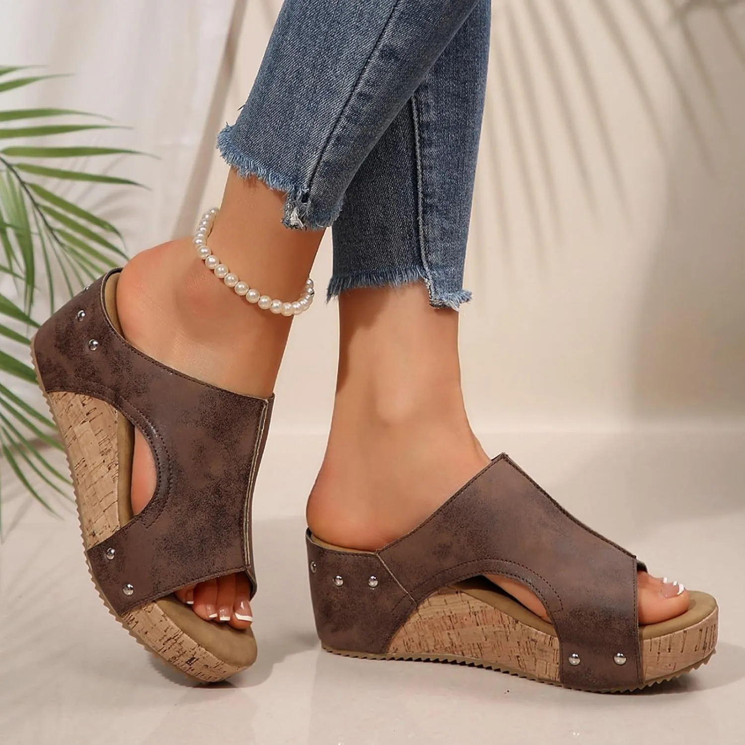 Footwear Womens Sandals Comfortable Cork Footbed Studded Flatform Sandals Low Wedge Peep Toe Slide Sandals