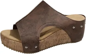 Footwear Womens Sandals Comfortable Cork Footbed Studded Flatform Sandals Low Wedge Peep Toe Slide Sandals