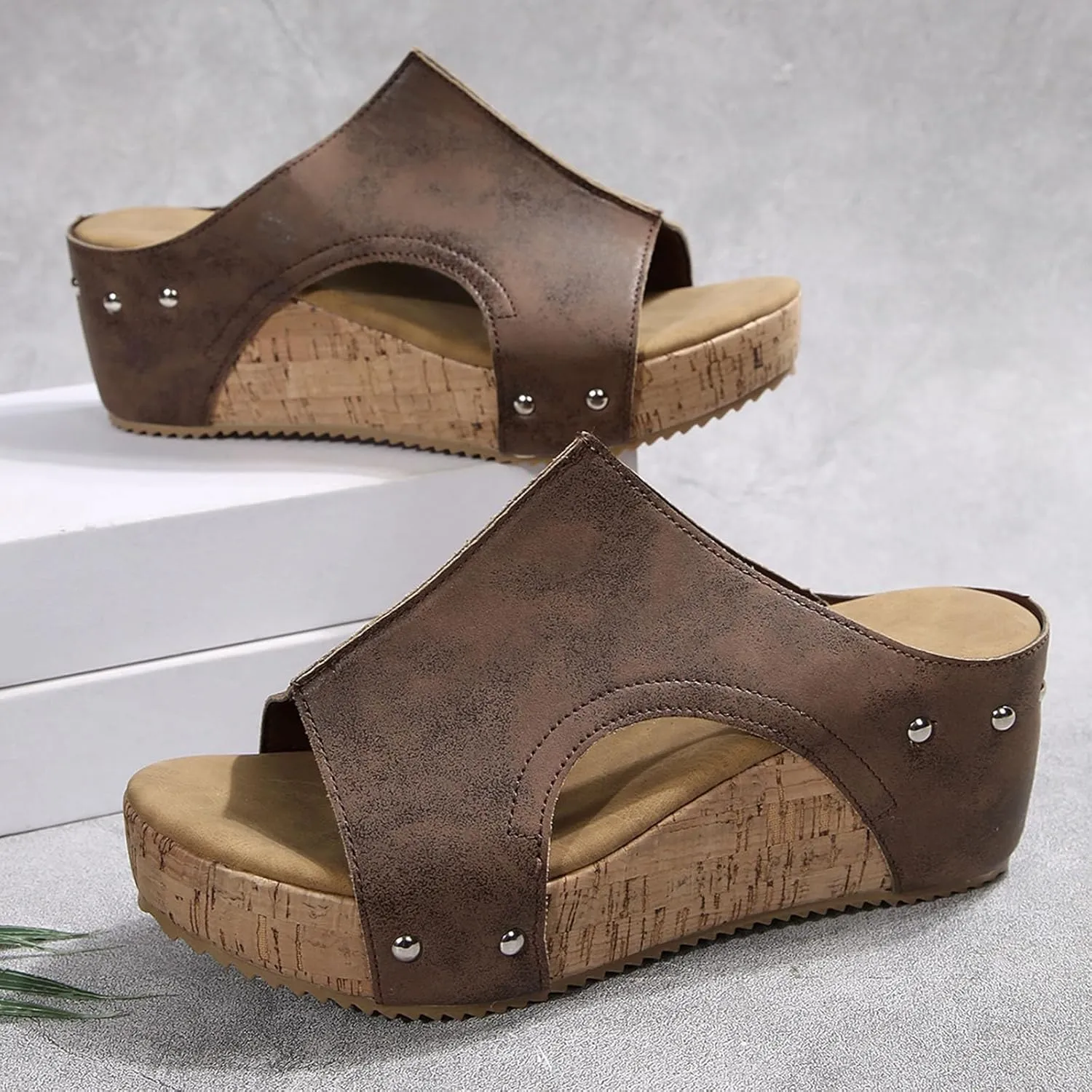 Footwear Womens Sandals Comfortable Cork Footbed Studded Flatform Sandals Low Wedge Peep Toe Slide Sandals