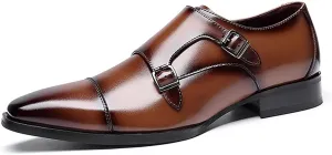 Formal Dress Shoes for Men Slip On Double Monk Strap Burnished Toe Cap Toe Leather Slip Resistant Rubber Sole Anti-Slip Low Top Block Heel Walking (Color : Brown, Size : 10)