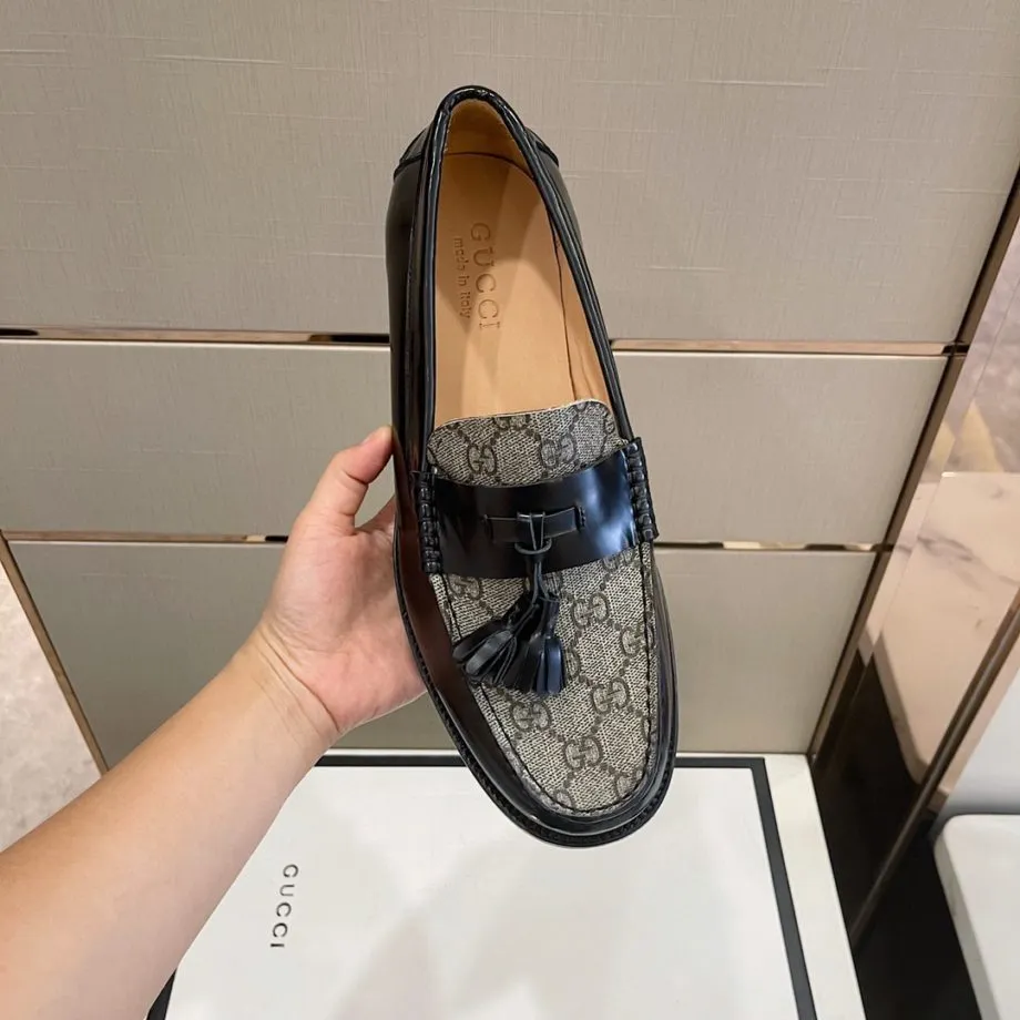 GCI Men's GG Loafers Horsebit With Tassel Black And Beige For Men 673817 17X30 1063