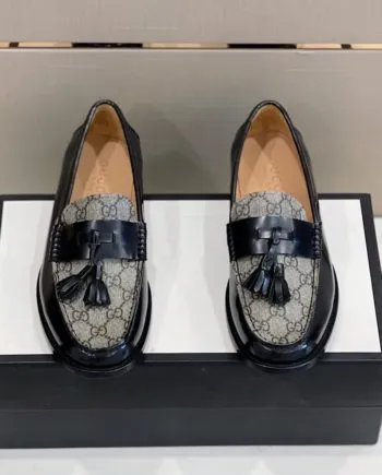 GCI Men's GG Loafers Horsebit With Tassel Black And Beige For Men 673817 17X30 1063