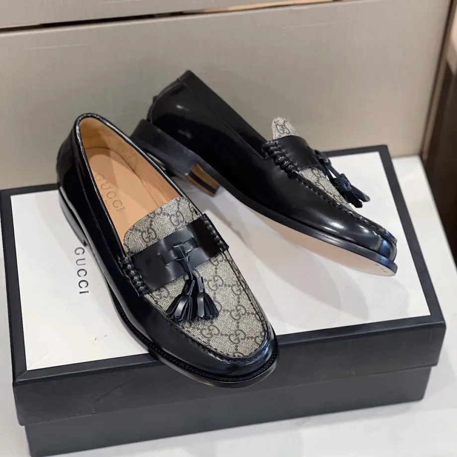 GCI Men's GG Loafers Horsebit With Tassel Black And Beige For Men 673817 17X30 1063