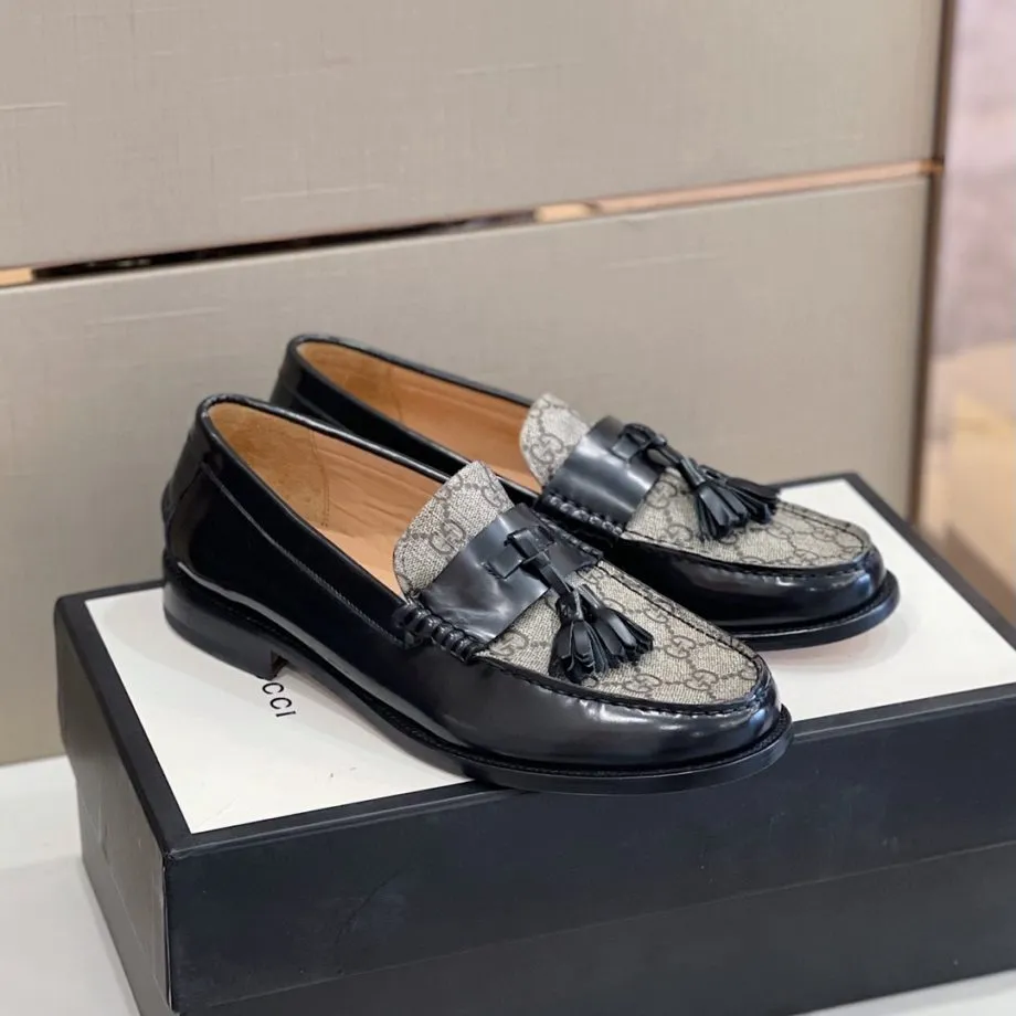 GCI Men's GG Loafers Horsebit With Tassel Black And Beige For Men 673817 17X30 1063