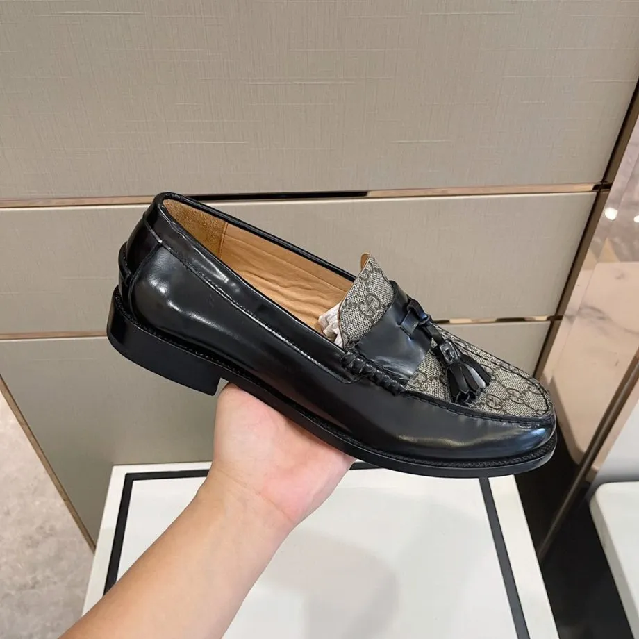 GCI Men's GG Loafers Horsebit With Tassel Black And Beige For Men 673817 17X30 1063