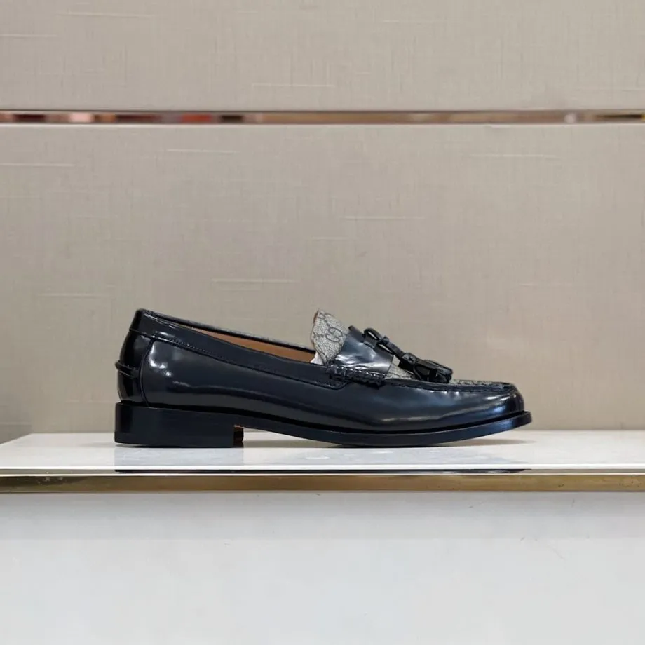 GCI Men's GG Loafers Horsebit With Tassel Black And Beige For Men 673817 17X30 1063