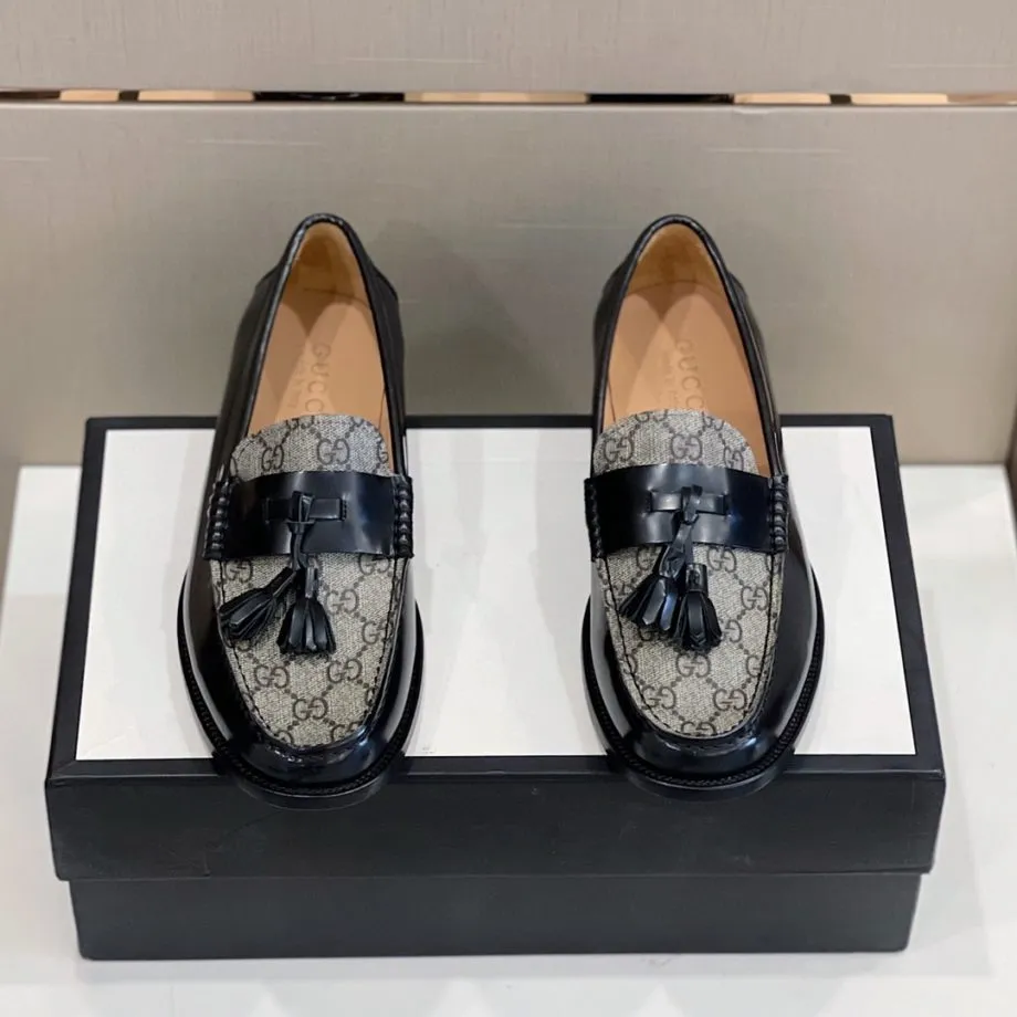 GCI Men's GG Loafers Horsebit With Tassel Black And Beige For Men 673817 17X30 1063