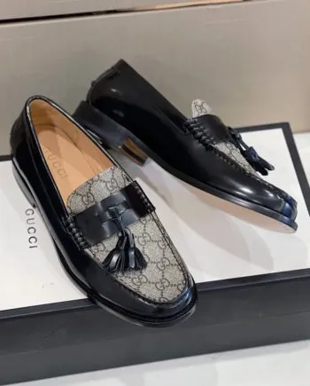 GCI Men's GG Loafers Horsebit With Tassel Black And Beige For Men 673817 17X30 1063